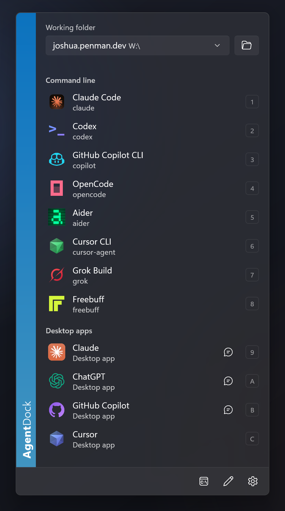 The Agent Dock flyout, showing a working folder, the command line agents and the desktop apps