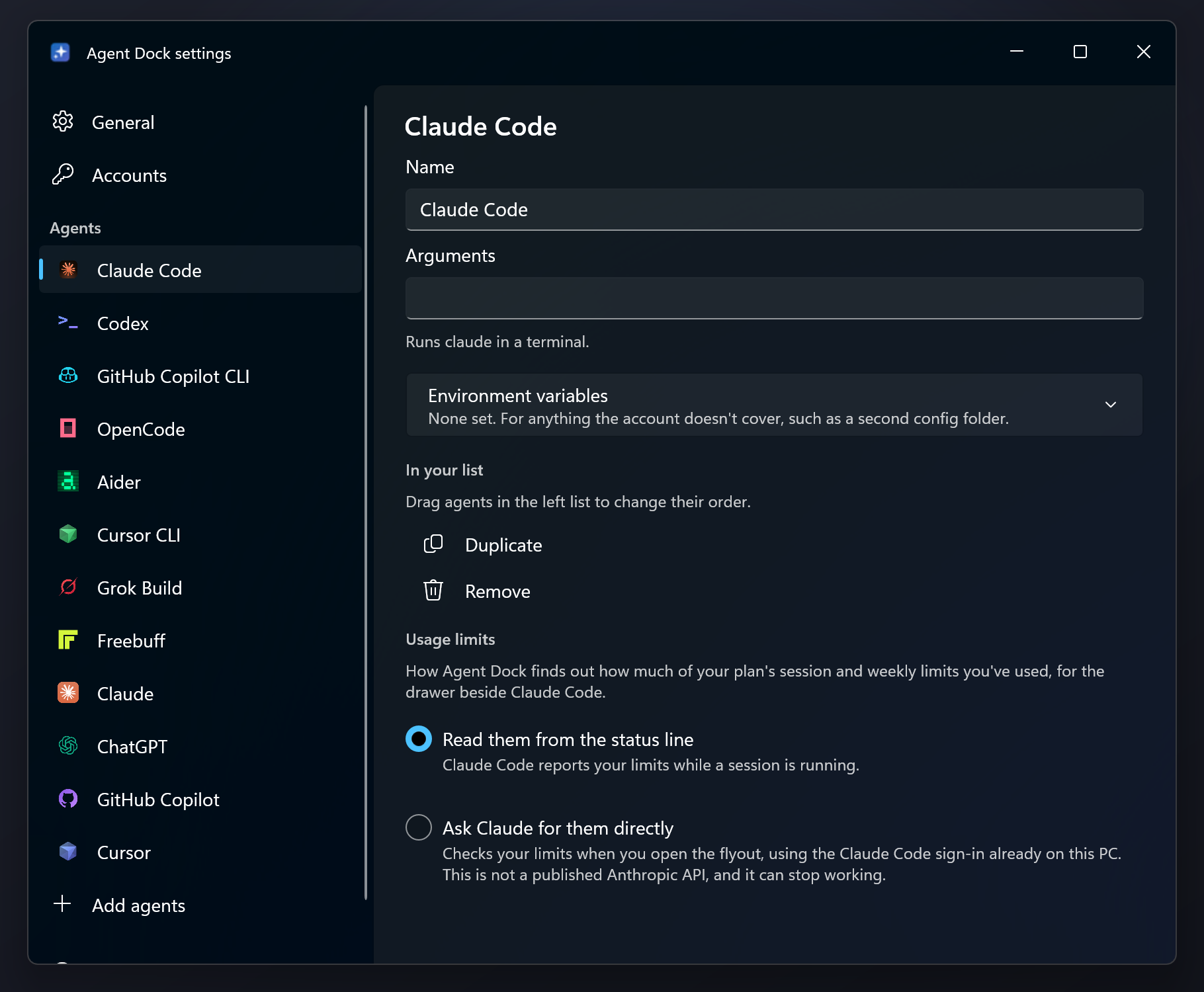 Agent Dock settings with the Claude Code page open, showing its name, arguments, environment variables and usage limits options
