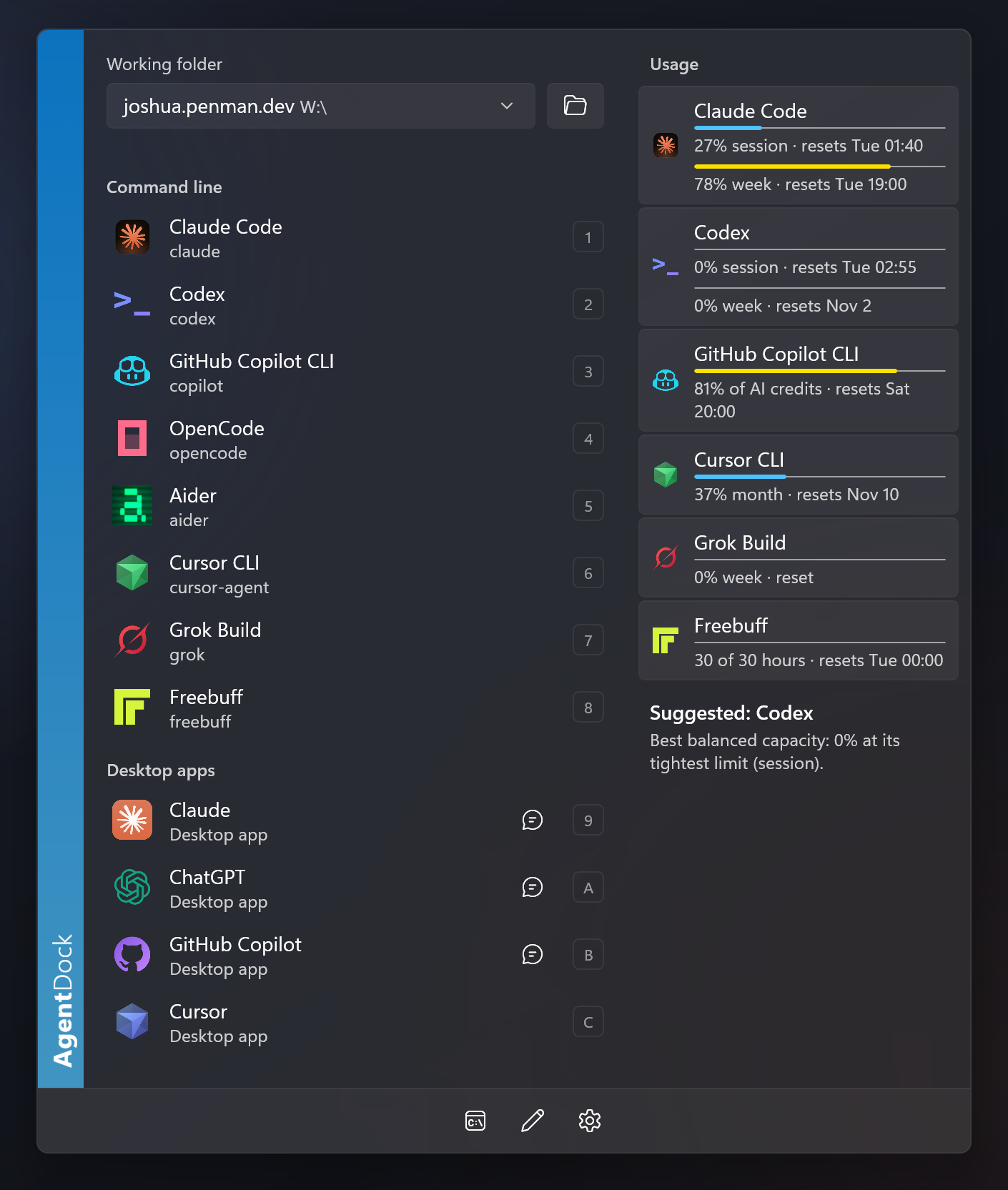 The Agent Dock usage drawer showing session and weekly limits for Claude Code, Codex, GitHub Copilot CLI, Cursor CLI, Grok Build and Freebuff