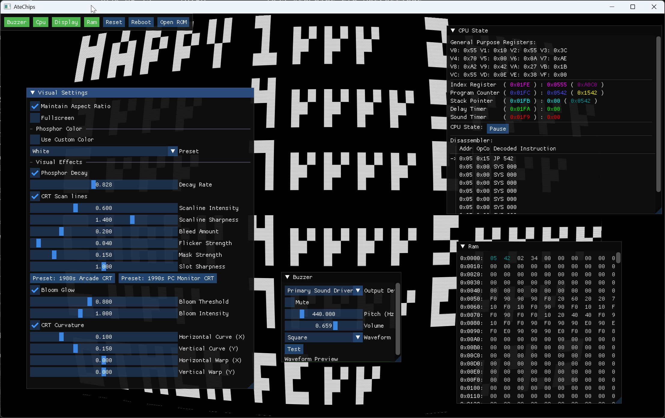 ImGui debug interface showing CPU registers and memory
