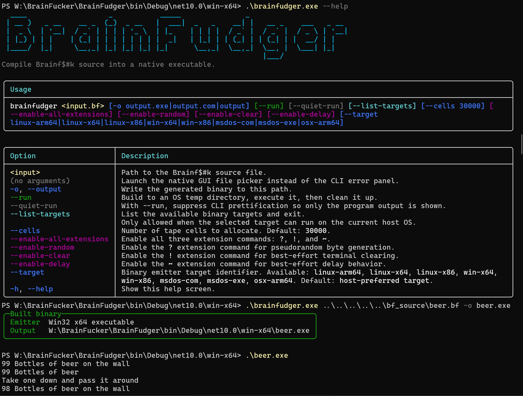 BrainFudger CLI compiling a .bf source file