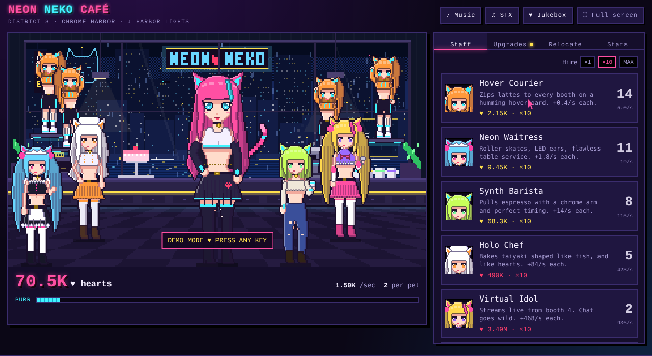 Neon Neko Café HTML5 edition: Kiko behind the counter with a crew of cat girl staff, demo mode banner