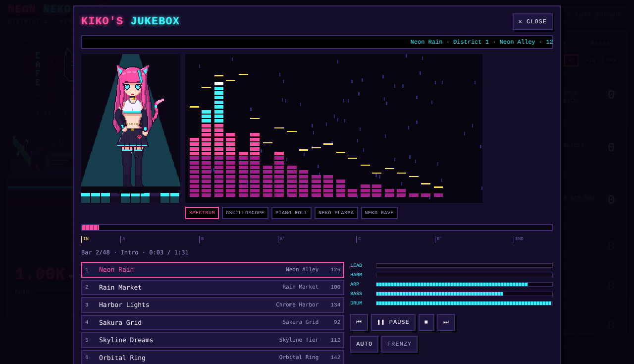 Kiko's Jukebox with spectrum visualiser and track list