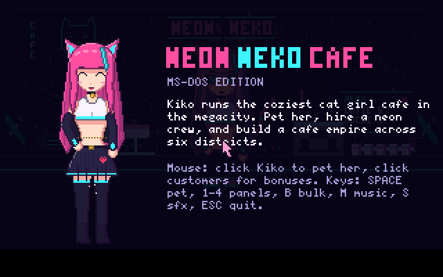 Neon Neko Cafe title screen with Kiko, the pink-haired cat girl