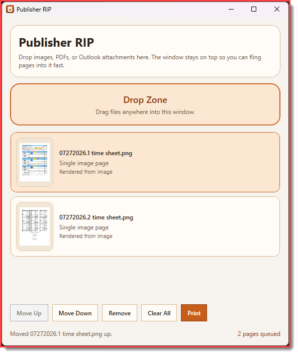 Publisher RIP main window with drop zone and queued pages
