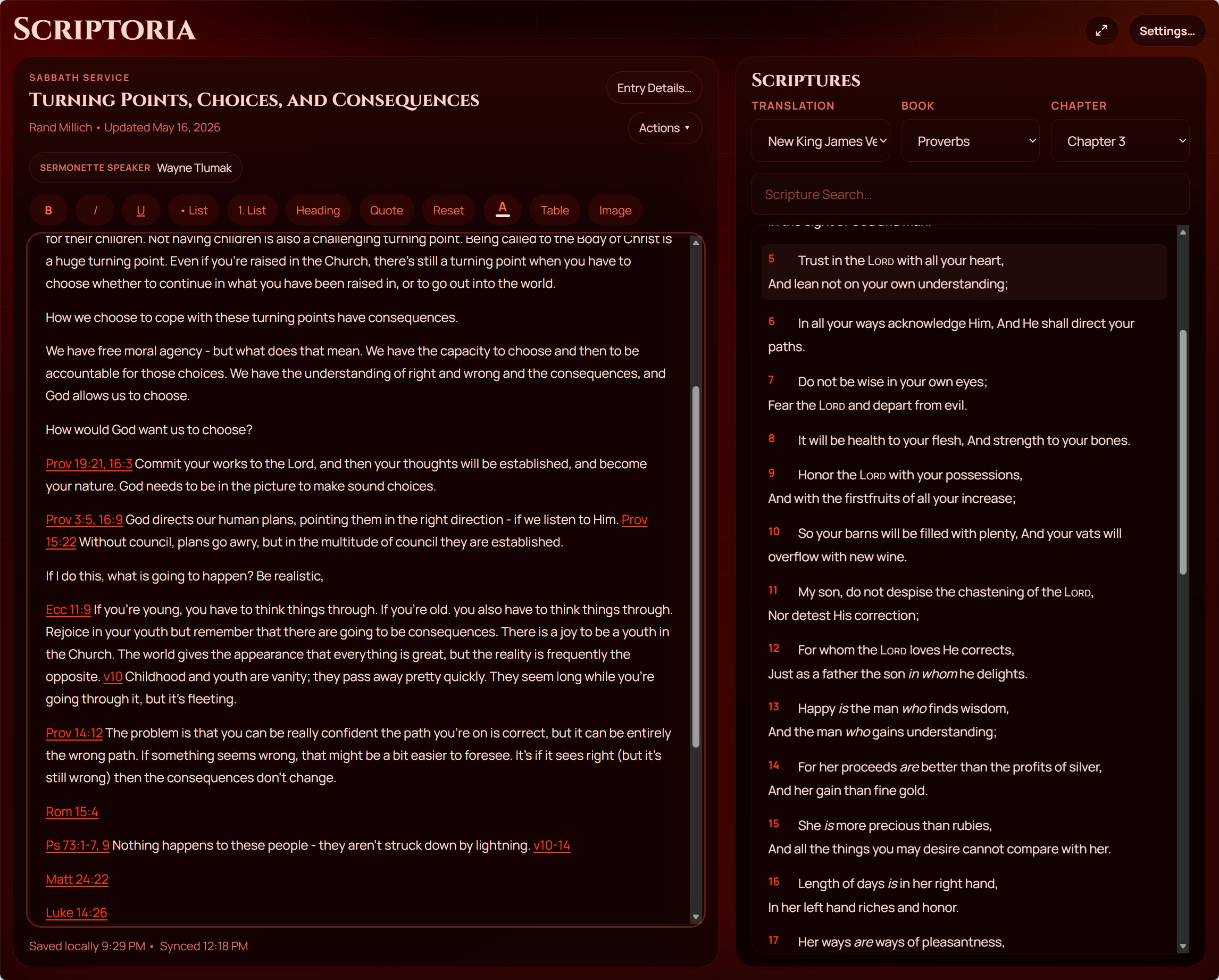 Scriptoria note editor showing a sermon entry alongside the NKJV Bible panel