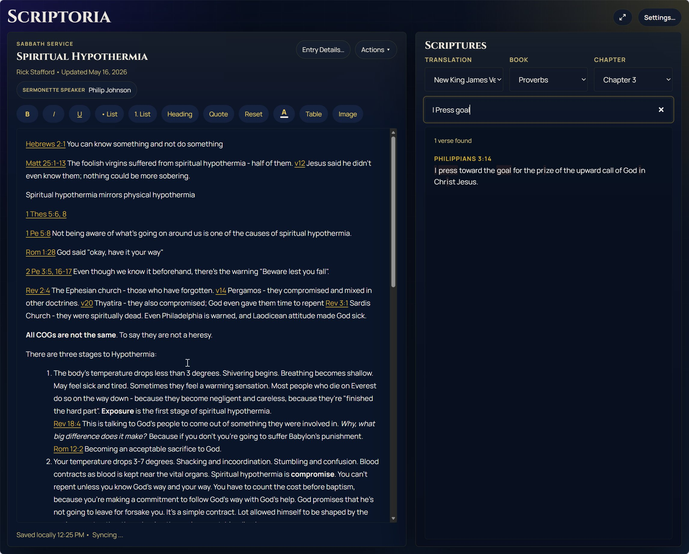 Scripture search panel showing results for a keyword search
