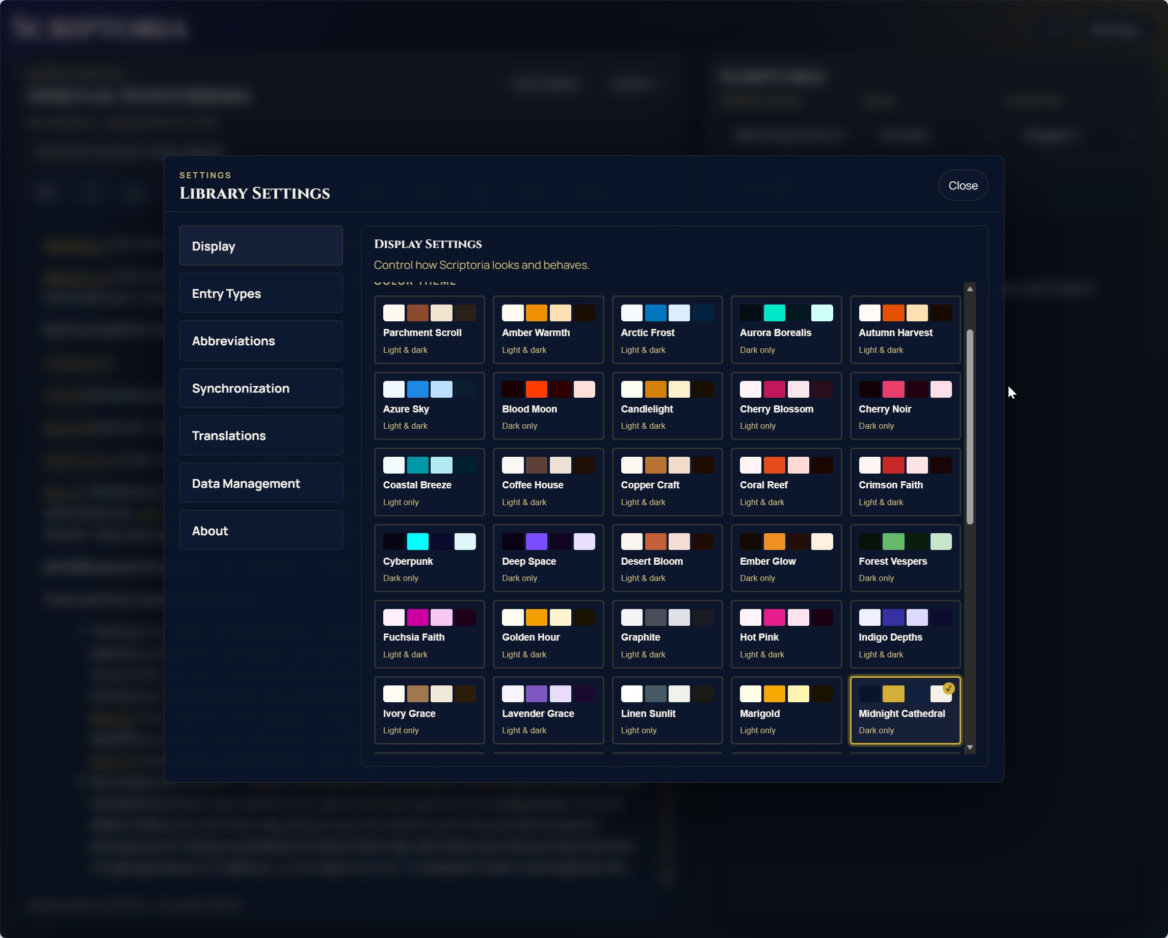 Library settings showing a grid of over 20 named colour themes